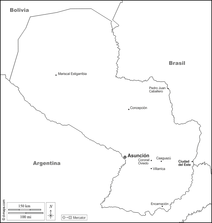 Paraguay : d-maps.com: mappa gratuita, mappa muta gratuita, cartina muta gratuita : frontiere, principali città, nomi, bianco