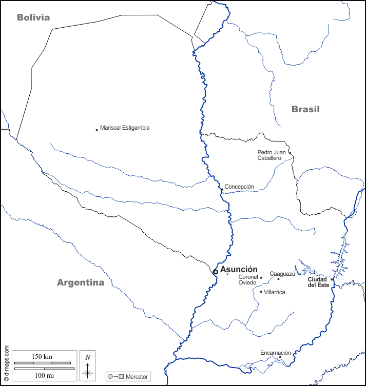 Paraguay : d-maps.com: mappa gratuita, mappa muta gratuita, cartina muta gratuita : frontiere, idrografia, principali città, nomi, bianco