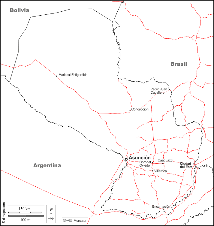 Paraguay : d-maps.com: mappa gratuita, mappa muta gratuita, cartina muta gratuita : frontiere, principali città, strade, nomi, bianco