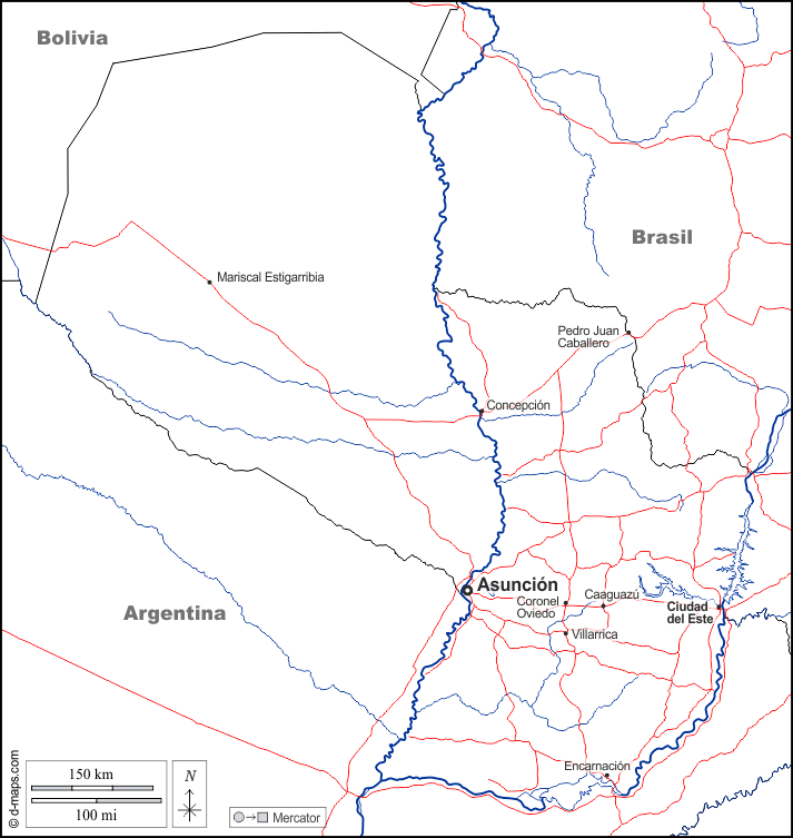 Paraguay : d-maps.com: mappa gratuita, mappa muta gratuita, cartina muta gratuita : frontiere, idrografia, principali città, strade, nomi, bianco