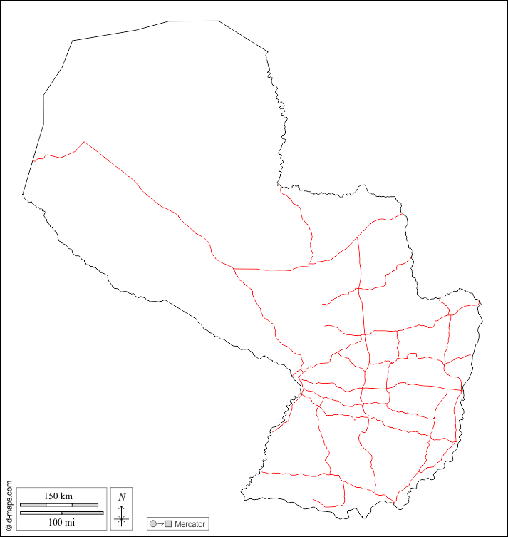 Paraguay : d-maps.com: Kostenlose Karten, kostenlose stumme Karte, kostenlose unausgefüllt Landkarte, kostenlose hochauflösende Umrisskarte : Umrisse, Straßen, weiß