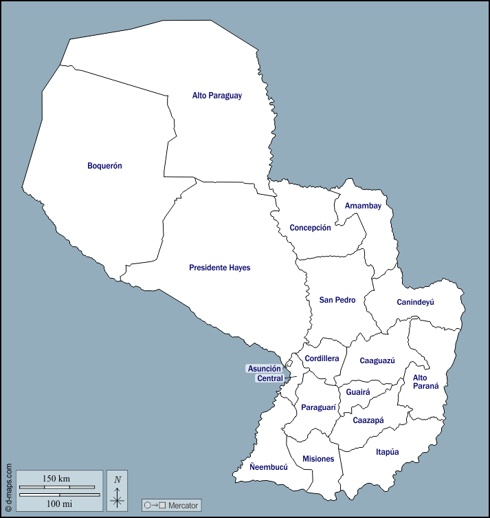 Paraguay : d-maps.com: free map, free blank map, free outline map, free base map : outline, departments, names