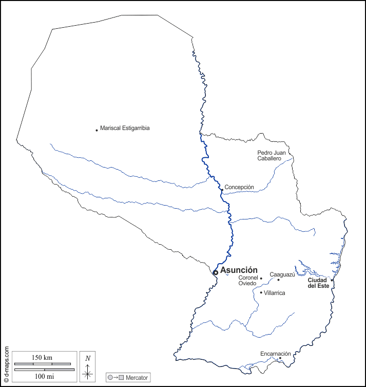 باراغواي : خريطة مجانية, خريطة خاليه من الفراغ, خريطة الخطوط العريضة, خريطة القاعدة الحرة
 : الخطوط العريضة, هيدروغرافيا, المدن الرئيسية, أسماء, أبيض