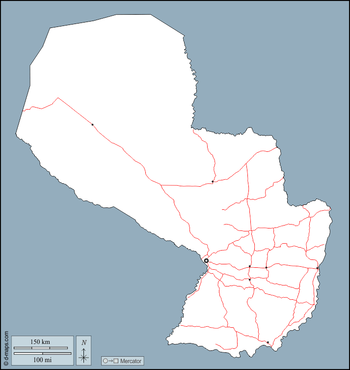 باراغواي : خريطة مجانية, خريطة خاليه من الفراغ, خريطة الخطوط العريضة, خريطة القاعدة الحرة
 : الخطوط العريضة, المدن الرئيسية, الطرق