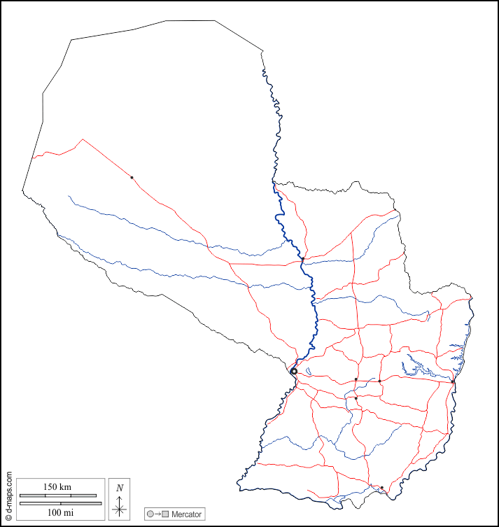 Paraguay : d-maps.com: mappa gratuita, mappa muta gratuita, cartina muta gratuita : contorni, idrografia, principali città, strade, bianco
