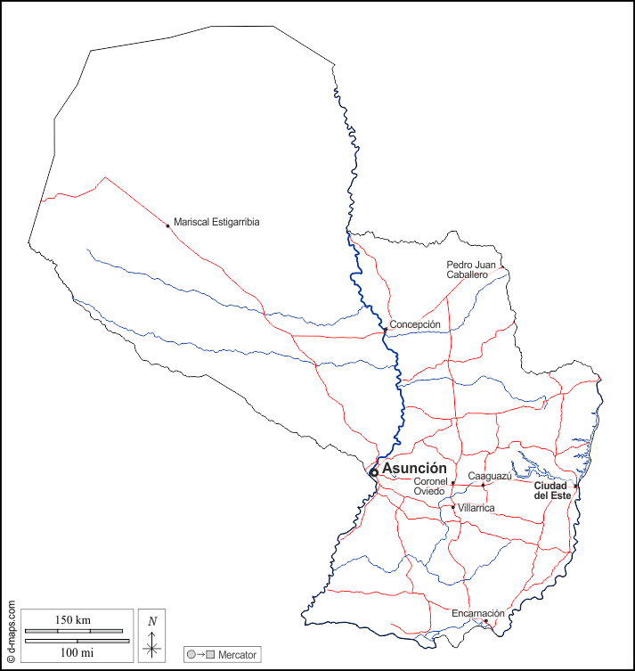 Paraguay : d-maps.com: Kostenlose Karten, kostenlose stumme Karte, kostenlose unausgefüllt Landkarte, kostenlose hochauflösende Umrisskarte : Umrisse, Hydrografie, Wichtige Städte, Straßen, Namen, weiß
