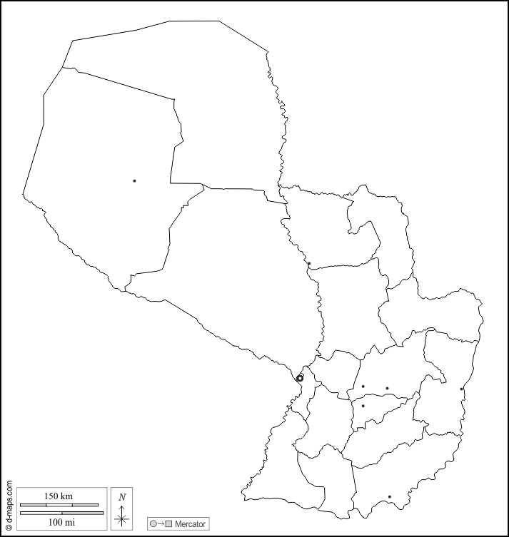 Paraguay : d-maps.com: mappa gratuita, mappa muta gratuita, cartina muta gratuita : contorni, dipartimenti, principali città, bianco