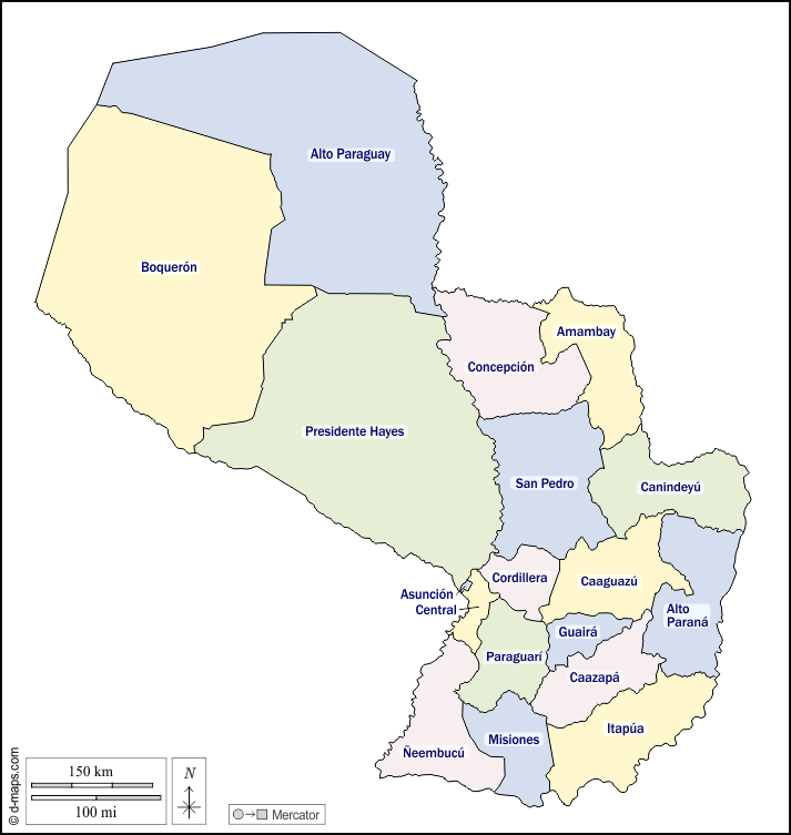 Paraguay : d-maps.com: mappa gratuita, mappa muta gratuita, cartina muta gratuita : contorni, dipartimenti, nomi, colore, bianco