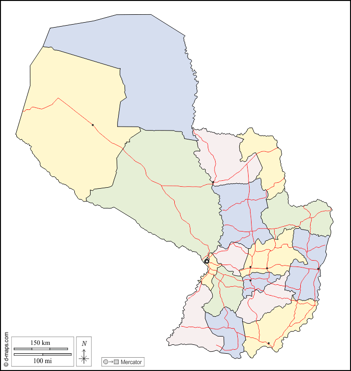 Paraguay : d-maps.com: mappa gratuita, mappa muta gratuita, cartina muta gratuita : contorni, dipartimenti, principali città, strade, colore, bianco
