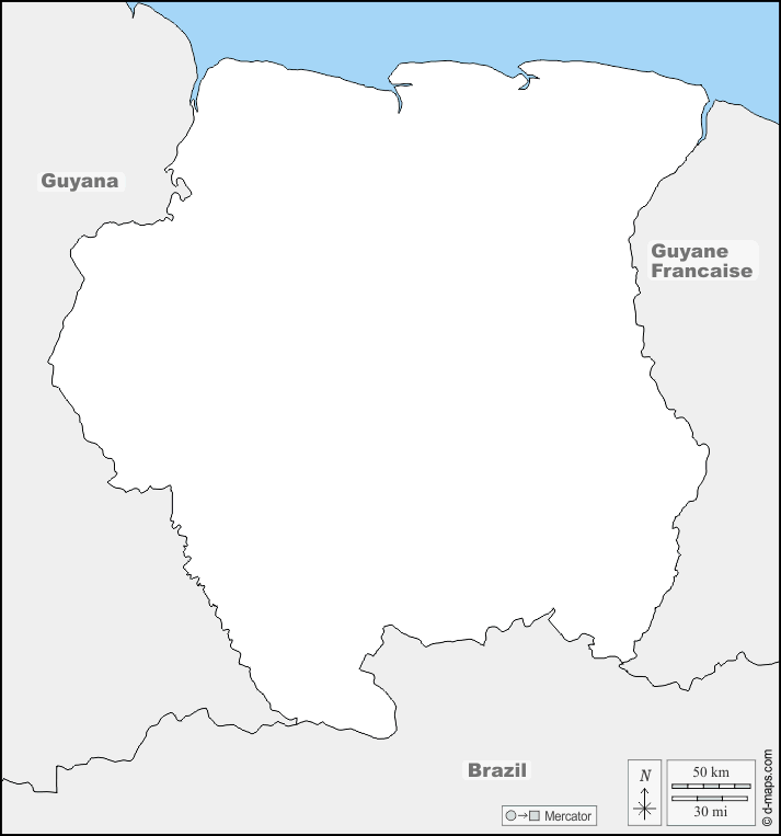 Suriname : d-maps.com: mappa gratuita, mappa muta gratuita, cartina muta gratuita : frontiere, nomi