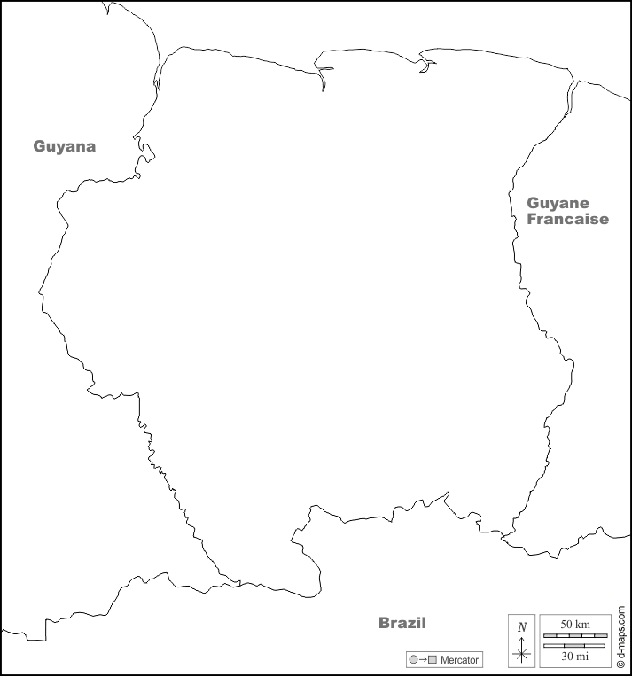 Suriname : d-maps.com: mappa gratuita, mappa muta gratuita, cartina muta gratuita : frontiere, nomi, bianco