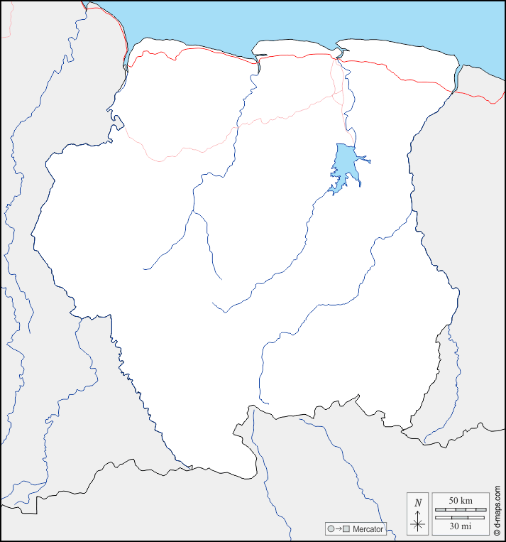 Suriname : d-maps.com: mappa gratuita, mappa muta gratuita, cartina muta gratuita : frontiere, idrografia, strade