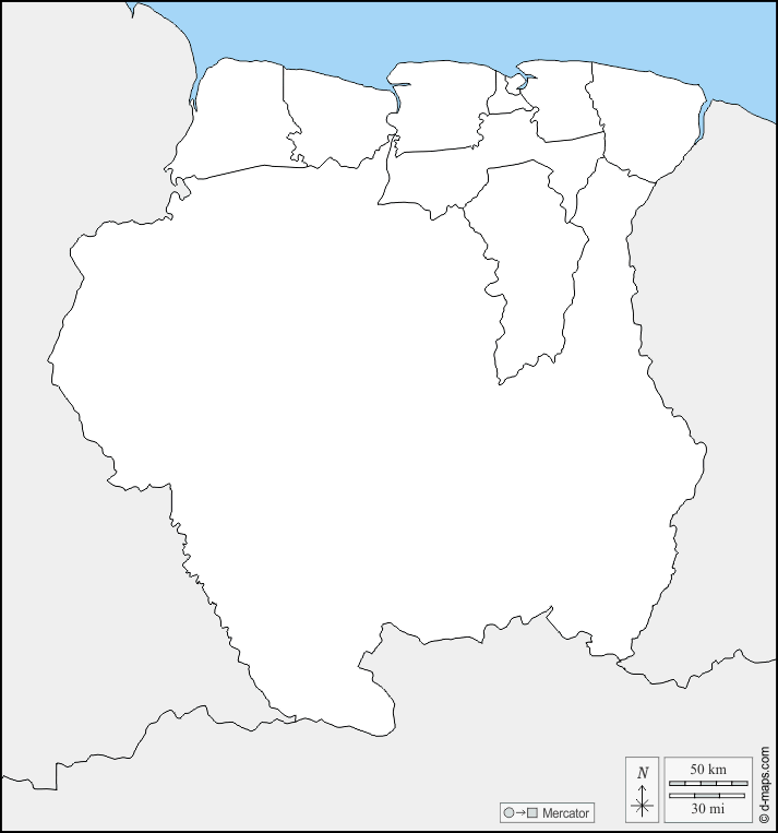 Suriname : d-maps.com: mappa gratuita, mappa muta gratuita, cartina muta gratuita : frontiere, distretti