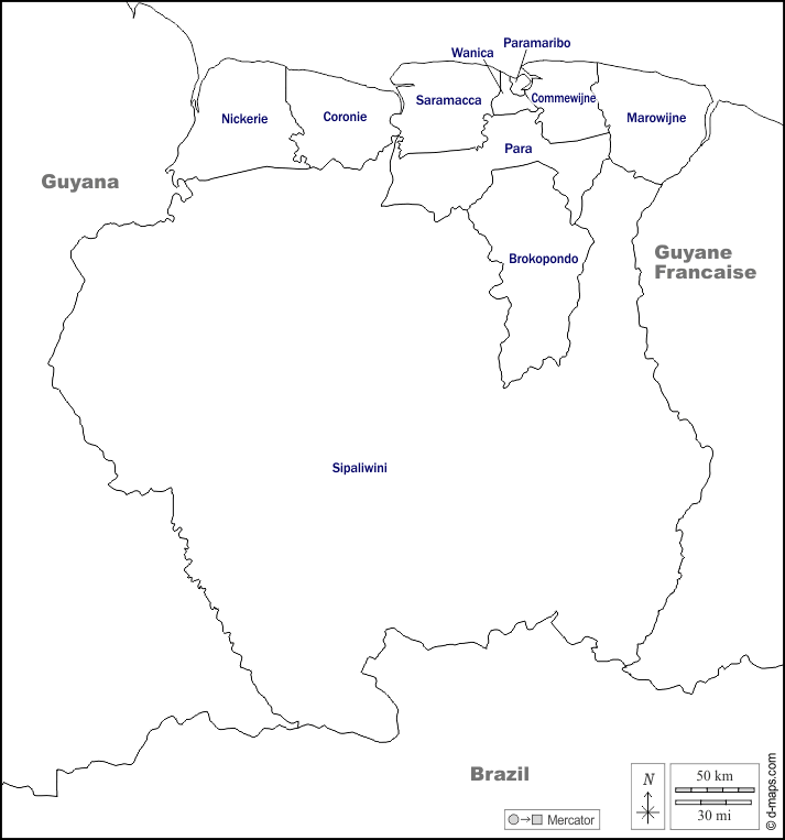 Suriname : d-maps.com: mappa gratuita, mappa muta gratuita, cartina muta gratuita : frontiere, distretti, nomi, bianco