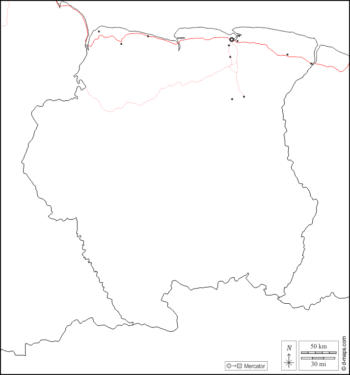 Suriname : d-maps.com: mappa gratuita, mappa muta gratuita, cartina muta gratuita : frontiere, principali città, strade, bianco