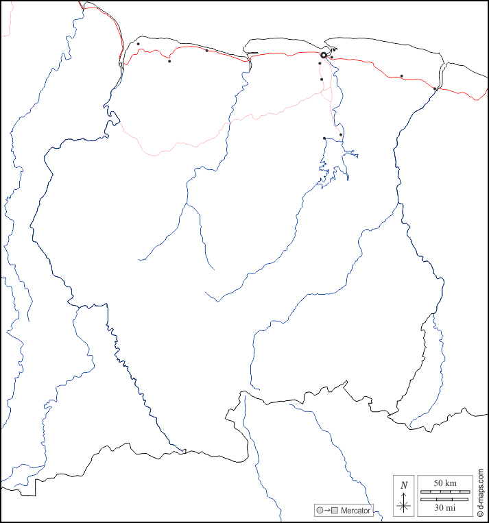 Suriname : d-maps.com: mappa gratuita, mappa muta gratuita, cartina muta gratuita : frontiere, idrografia, principali città, strade, bianco