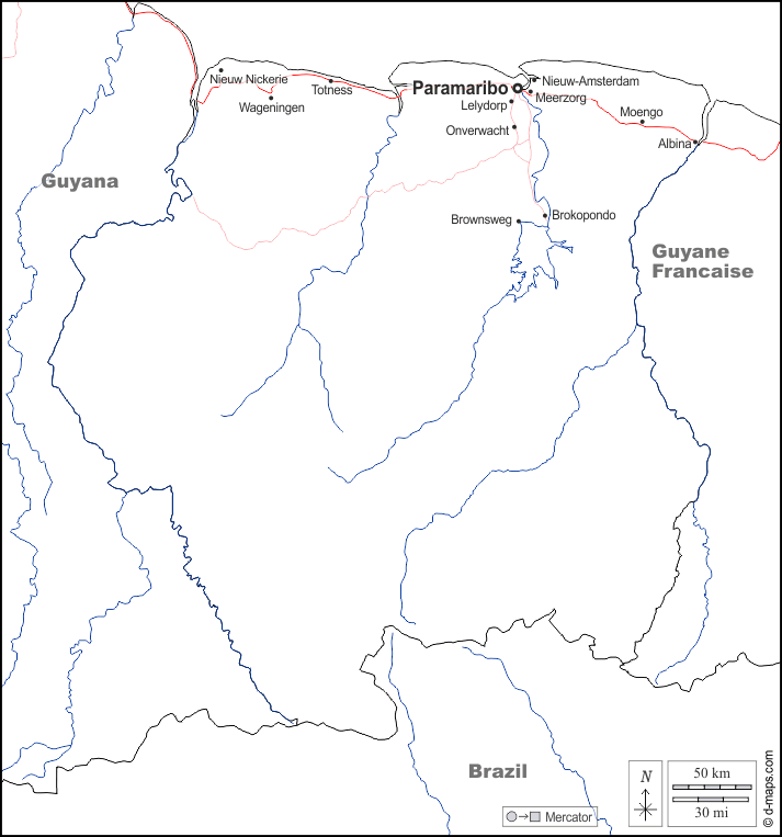 Suriname : d-maps.com: mappa gratuita, mappa muta gratuita, cartina muta gratuita : frontiere, idrografia, principali città, strade, nomi, bianco