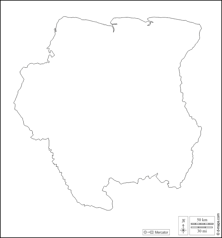 Suriname : d-maps.com: mappa gratuita, mappa muta gratuita, cartina muta gratuita : contorni, bianco