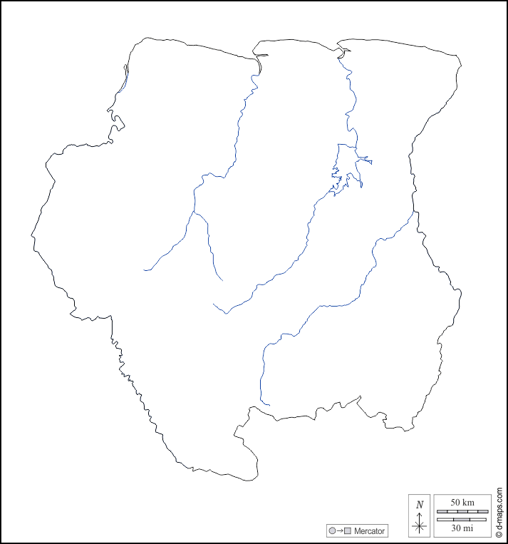 Suriname : d-maps.com: mappa gratuita, mappa muta gratuita, cartina muta gratuita : contorni, idrografia, bianco