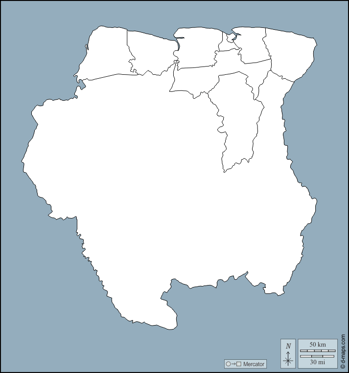 Suriname : d-maps.com: mappa gratuita, mappa muta gratuita, cartina muta gratuita : contorni, distretti