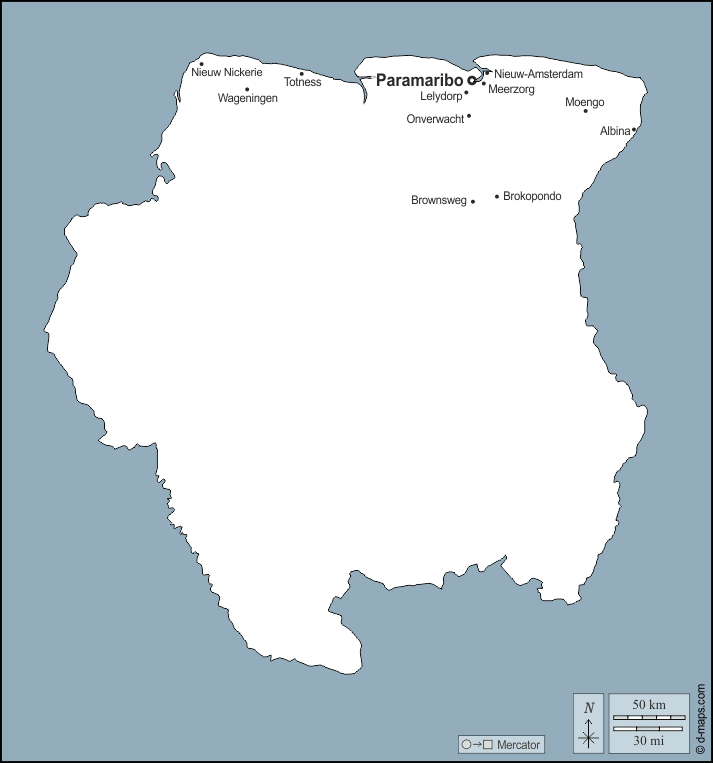 Suriname : d-maps.com: mappa gratuita, mappa muta gratuita, cartina muta gratuita : contorni, principali città, nomi