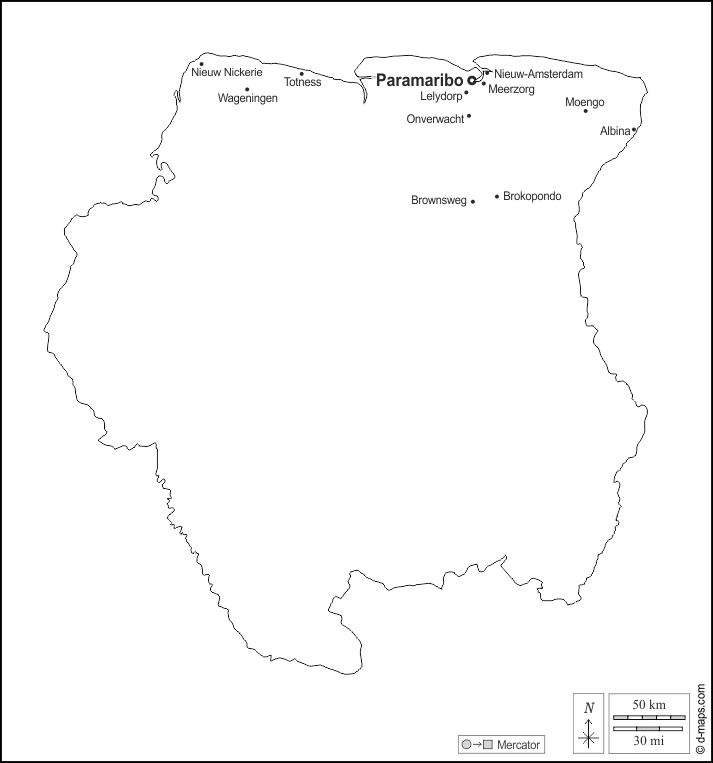 Suriname : d-maps.com: mappa gratuita, mappa muta gratuita, cartina muta gratuita : contorni, principali città, nomi, bianco