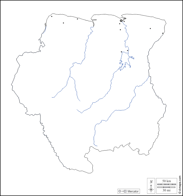 Suriname : d-maps.com: mappa gratuita, mappa muta gratuita, cartina muta gratuita : contorni, idrografia, principali città, bianco