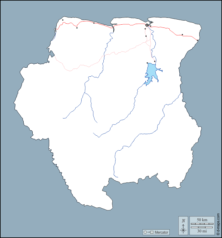 Suriname : d-maps.com: mappa gratuita, mappa muta gratuita, cartina muta gratuita : contorni, idrografia, principali città, strade