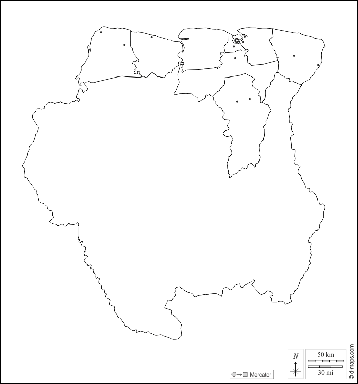 Suriname : d-maps.com: mappa gratuita, mappa muta gratuita, cartina muta gratuita : contorni, distretti, principali città, bianco