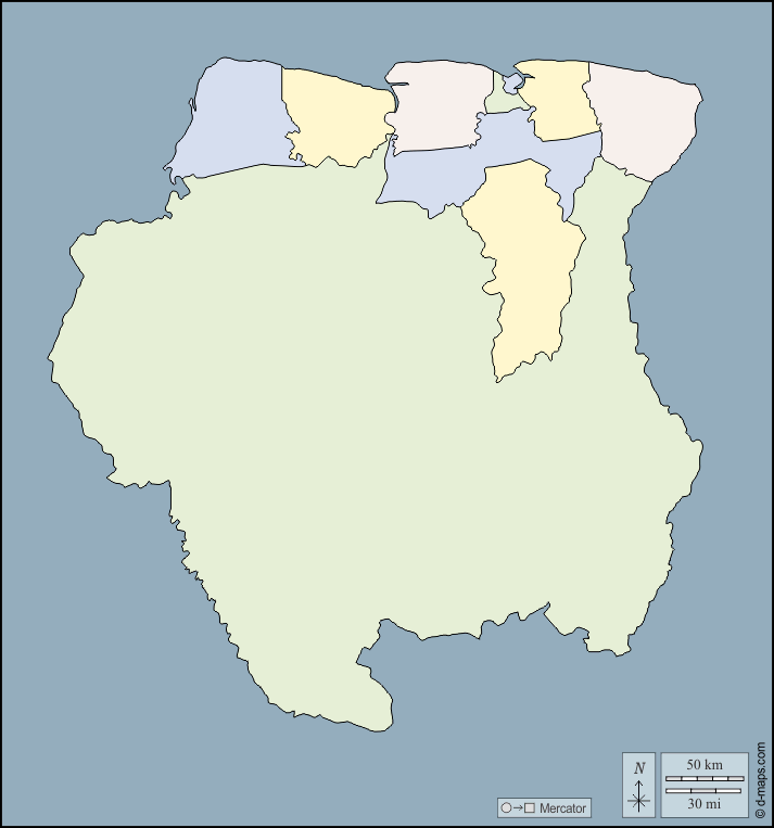 Suriname : d-maps.com: mappa gratuita, mappa muta gratuita, cartina muta gratuita : contorni, distretti, colore