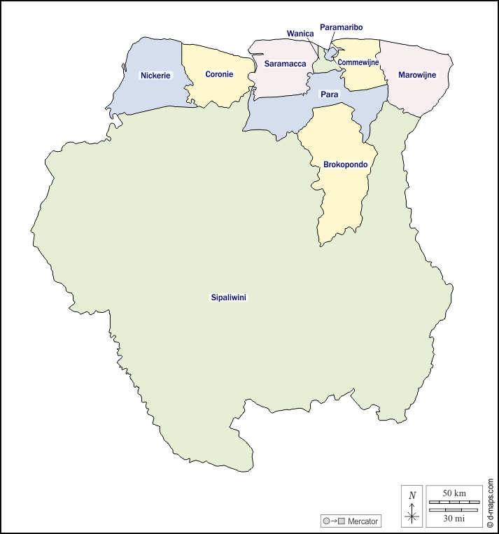 Suriname : d-maps.com: mappa gratuita, mappa muta gratuita, cartina muta gratuita : contorni, distretti, nomi, colore, bianco