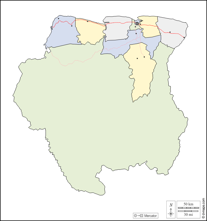 Suriname : d-maps.com: mappa gratuita, mappa muta gratuita, cartina muta gratuita : contorni, distretti, principali città, strade, colore, bianco