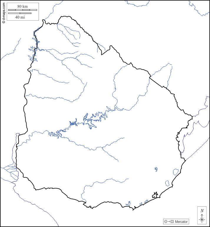 Uruguay : d-maps.com: mappa gratuita, mappa muta gratuita, cartina muta gratuita : litorali, limiti, idrografia, bianco