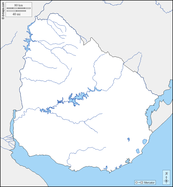 Uruguay : d-maps.com: Kostenlose Karten, kostenlose stumme Karte, kostenlose unausgefüllt Landkarte, kostenlose hochauflösende Umrisskarte : Grenzen, Hydrografie