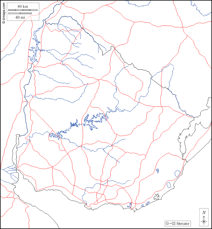 Uruguay : d-maps.com: mappa gratuita, mappa muta gratuita, cartina muta gratuita : frontiere, idrografia, strade, bianco
