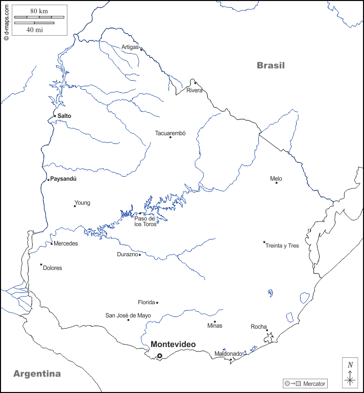 Uruguay : d-maps.com: mappa gratuita, mappa muta gratuita, cartina muta gratuita : frontiere, idrografia, principali città, nomi, bianco