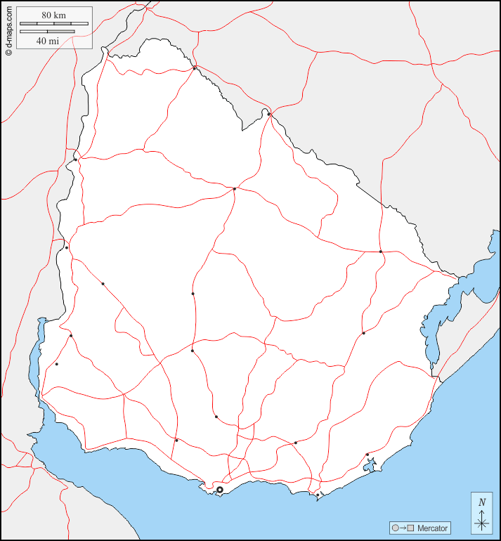Uruguay : d-maps.com: mappa gratuita, mappa muta gratuita, cartina muta gratuita : frontiere, principali città, strade