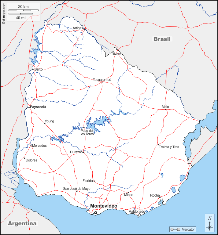 Uruguay : d-maps.com: mappa gratuita, mappa muta gratuita, cartina muta gratuita : frontiere, idrografia, principali città, strade, nomi