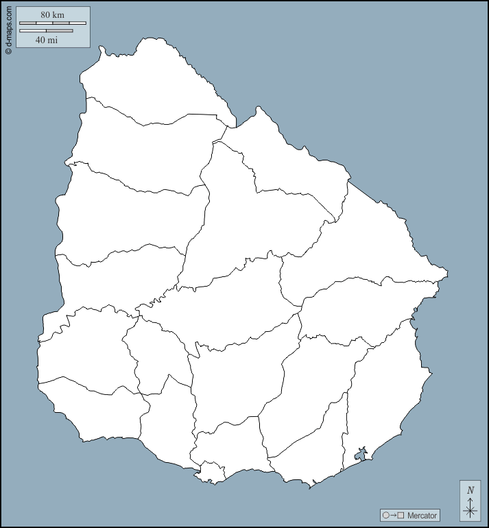 Uruguay : d-maps.com: mappa gratuita, mappa muta gratuita, cartina muta gratuita : contorni, dipartimenti