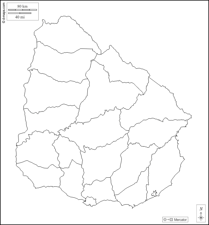 Uruguay : d-maps.com: mappa gratuita, mappa muta gratuita, cartina muta gratuita : contorni, dipartimenti, bianco