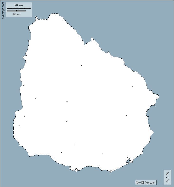 Uruguay : d-maps.com: mappa gratuita, mappa muta gratuita, cartina muta gratuita : contorni, principali città