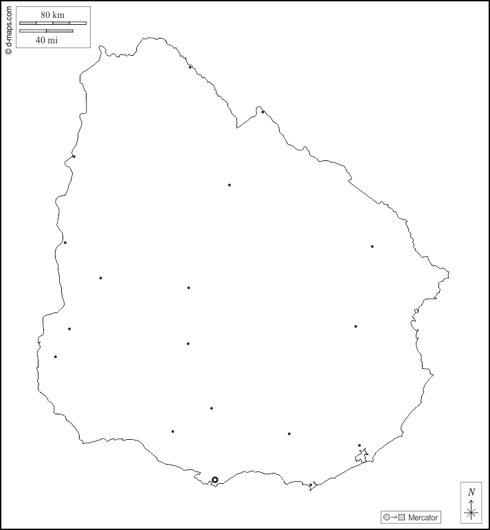 Uruguay : d-maps.com: mappa gratuita, mappa muta gratuita, cartina muta gratuita : contorni, principali città, bianco