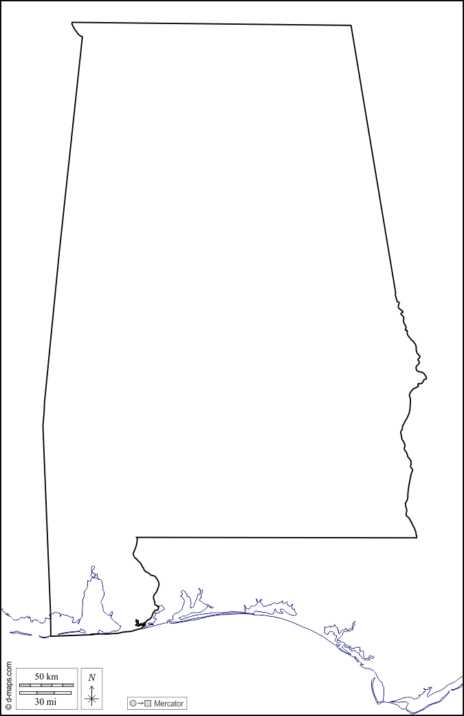 Alabama : d-maps.com: mappa gratuita, mappa muta gratuita, cartina muta gratuita : litorali, limiti, bianco