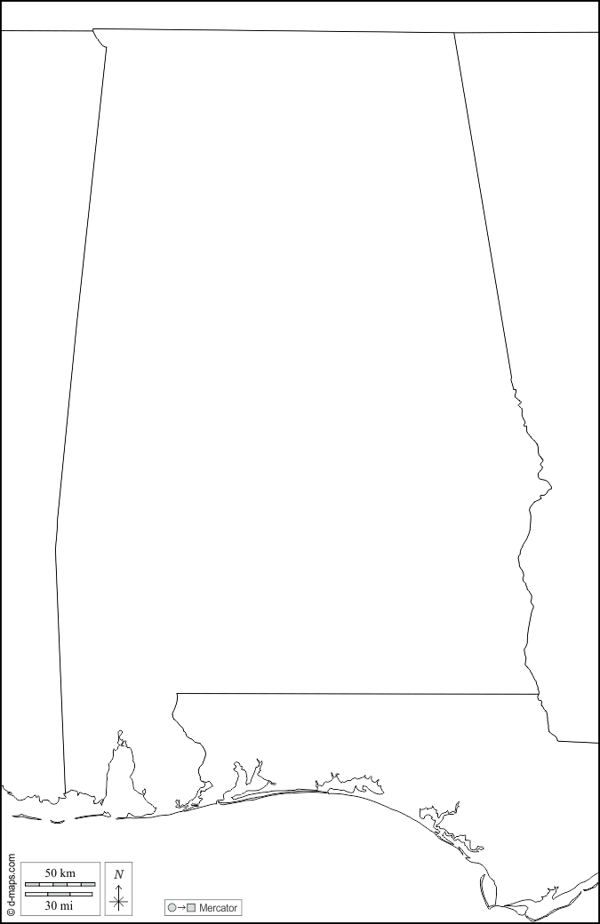 Alabama : d-maps.com: mappa gratuita, mappa muta gratuita, cartina muta gratuita : frontiere, bianco