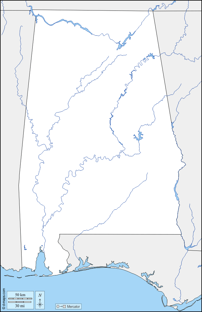 Alabama : d-maps.com: mappa gratuita, mappa muta gratuita, cartina muta gratuita : frontiere, idrografia