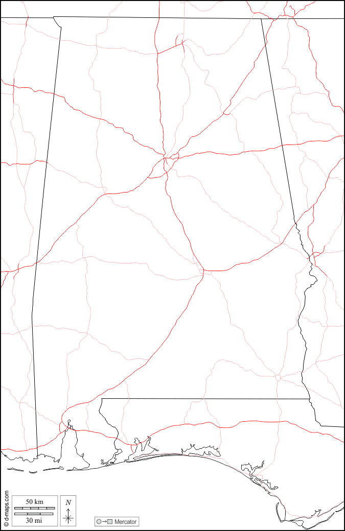 Alabama : d-maps.com: mappa gratuita, mappa muta gratuita, cartina muta gratuita : frontiere, strade, bianco