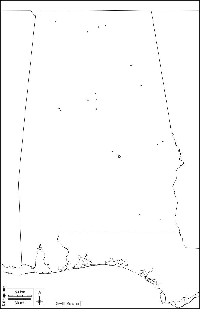 Alabama : d-maps.com: mappa gratuita, mappa muta gratuita, cartina muta gratuita : frontiere, principali città, bianco