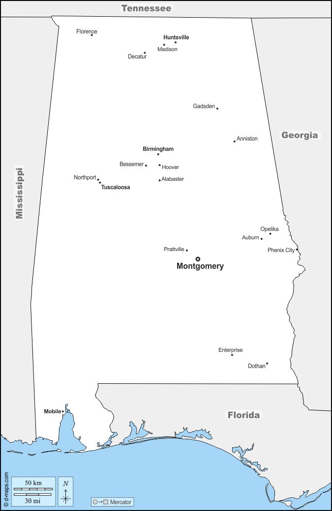 Alabama : d-maps.com: mappa gratuita, mappa muta gratuita, cartina muta gratuita : frontiere, principali città, nomi