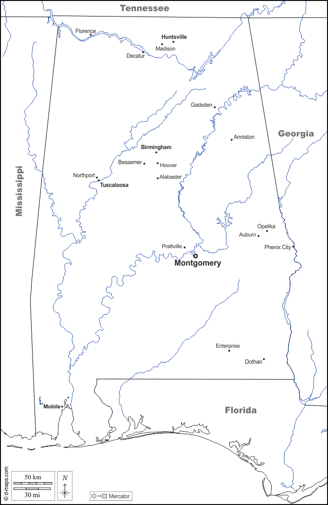 Alabama : d-maps.com: mappa gratuita, mappa muta gratuita, cartina muta gratuita : frontiere, idrografia, principali città, nomi, bianco