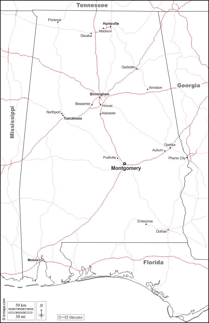 Alabama : d-maps.com: mappa gratuita, mappa muta gratuita, cartina muta gratuita : frontiere, principali città, strade, nomi, bianco